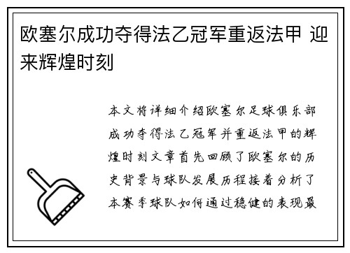 欧塞尔成功夺得法乙冠军重返法甲 迎来辉煌时刻